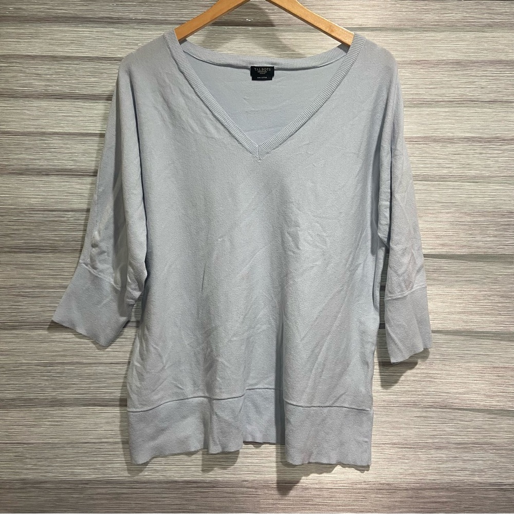 Talbots Sweater Women L blue 3/4 Sleeve Lightweight V Neck pima Cotton